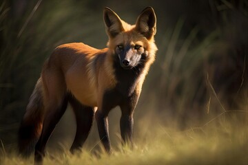 Enigmatic Maned Wolf Roaming the South American Grasslands, created with Generative AI technology