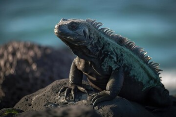Unique Marine Iguana Basking on the Galapagos Islands, created with Generative AI technology