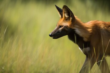 Enigmatic Maned Wolf Roaming the South American Grasslands, created with Generative AI technology - obrazy, fototapety, plakaty