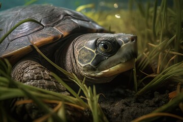 Cryptic Mata Mata Turtle Lurking in the Amazon Basin, created with Generative AI technology