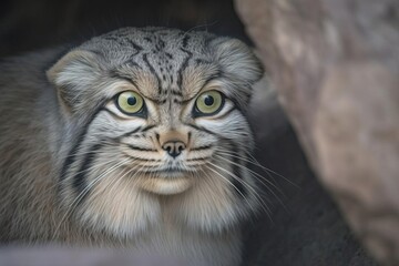 Mysterious Pallas's Cat Observing its Surroundings in the Central Asian Highlands, created with Generative AI technology
