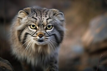 Fototapeta na wymiar Mysterious Pallas's Cat Observing its Surroundings in the Central Asian Highlands, created with Generative AI technology