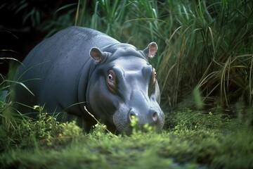 Shy Pygmy Hippopotamus Wading Through the West African Forest, created with Generative AI technology