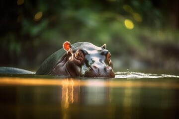 Shy Pygmy Hippopotamus Wading Through the West African Forest, created with Generative AI technology
