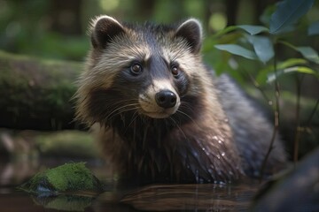 Naklejka premium Elusive Raccoon Dog Exploring the Asian Forests, created with Generative AI technology
