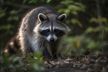 Obraz premium Curious Raccoon Investigating its North American Habitat, created with Generative AI technology
