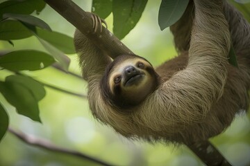 Endearing Sloth Hanging Out in the Central American Rainforest, created with Generative AI technology