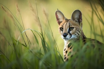 Agile Serval Pouncing in the African Grasslands, created with Generative AI technology