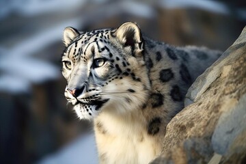 Enchanting Snow Leopard Stalking the Himalayan Mountains, created with Generative AI technology