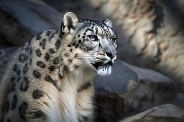 Naklejka premium Enchanting Snow Leopard Stalking the Himalayan Mountains, created with Generative AI technology