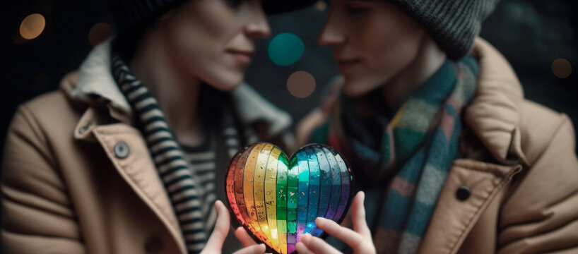 Two lesbian lovers holding a rainbow heart, a symbol of their unwavering love and support for the LGBTQ+ community. Emotive image promoting acceptance, diversity, and inclusivity. Generative AI.