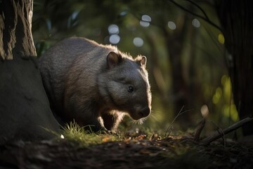 Endearing Wombat Burrowing in the Australian Bushland, created with Generative AI technology