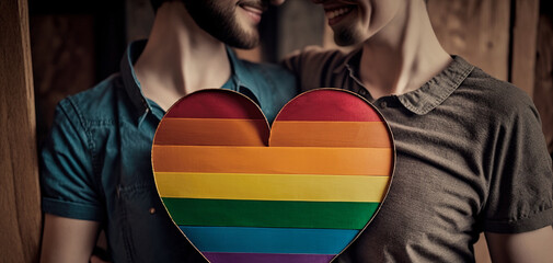 Anonymous two gay lovers couple holding a rainbow heart, a symbol of their love and support for the LGBTQ+ community. Two mens in unity promoting acceptance, diversity, and inclusivity. Generative AI.