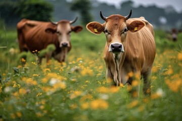 Obraz premium In the summer, pasture and grass in a paddock and organic flowers in a field can be seen. Generative AI
