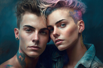 Captivating portrait of a affectionately young gay couple proudly displaying their rainbow-colored hair. Symbol of love, diversity, and acceptance in the LGBT community. Generative AI.