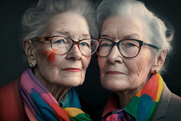 Two elderly LGBT women proudly with rainbow scarf, standing strong as have emerged as symbol of love, inclusivity, and acceptance. Example for future generations LGBTIQ+ community. Generative AI.