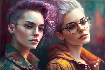 Two young and stylish women couple portrait, radiating confidence and empowerment. Their colorful hair and trendy fashion choices inspiring others to embrace their unique selves. Generative AI.