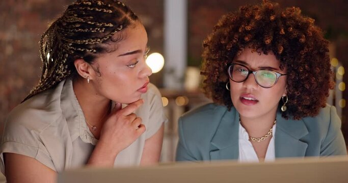 Business, women and employees with planning, conversation and brainstorming in workplace. Female consultants, agents and coworkers with technology, discussion and web design in office and share idea