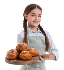 Little baker with board of tasty buns on white background