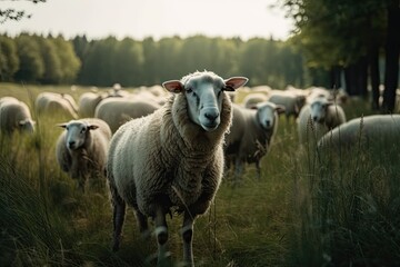 Fototapeta premium Sheep grazing on a field of lush grass. Generative AI