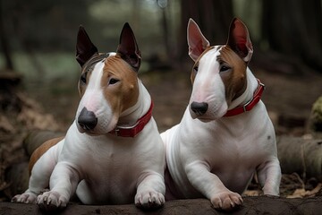 English bull terriers in red and white. Generative AI - obrazy, fototapety, plakaty