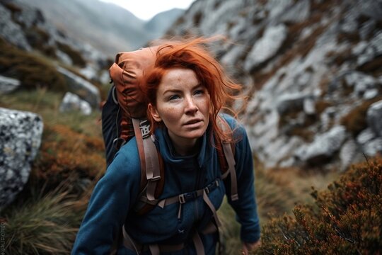 Red Haired Woman Climbing In The Mountain. Generative AI