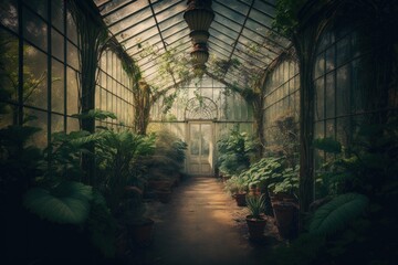 Tent glass greenhouse interior with plant. Generative ai.