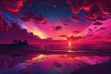 Fototapeta na wymiar Beautiful colorful trendy viva magenta color sunset sky landscape. Generative ai.