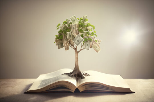 A money tree on top of a book. AI generated image.