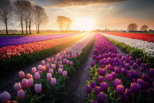 Landscape of Netherlands tulips with sunlight day time season. Generative ai