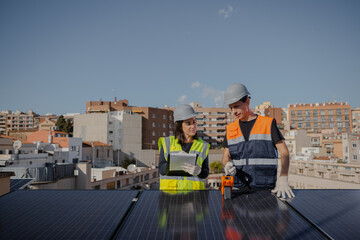 Teamwork testing urban Solar Panels with Multimeter and clipboard, man receiving instructions from...