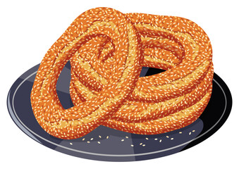 Stack of crispy Thessaloniki bagels (Koulouri) with sesame on a gray plate. Traditional Greek bakery. Street food vector illustration.