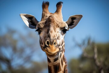Naklejka premium Portrait of a giraffe's head with a blue sky. Generative AI