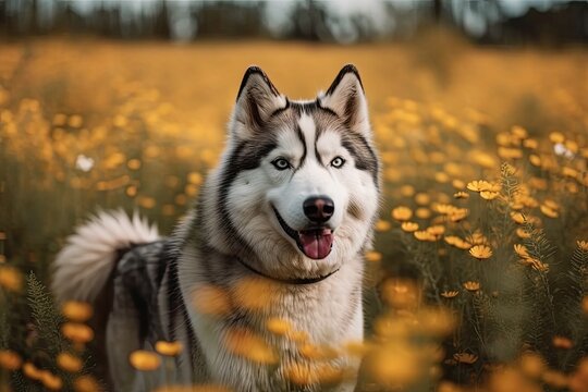 Gorgeous husky dog on a field. Generative AI