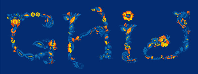 Decorative font. Set of initial letters G, H, I, J. Traditional Ukrainian Petrykivka painting. Elements of blue-yellow floral ornament. Typographic composition.