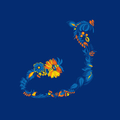Decorative font. Initial letter J. Traditional Ukrainian Petrykivka painting. Elements of blue-yellow floral ornament. Typographic composition.