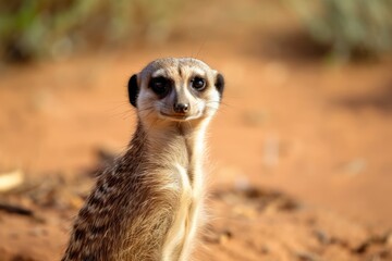 Meerkat in the wild (latin name Suricata Suricatta). A close up of an African animal walking on the ground. A vigilant guarding animal is patrolling the surrounding region. Generative AI