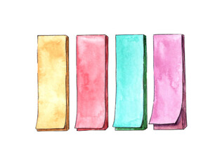 Watercolor illustration set of paper bookmark stickers. Bright notepads so you don't forget. Multi-colored pieces of rectangular paper. Back to school. Isolated on white background. Drawn by hand.