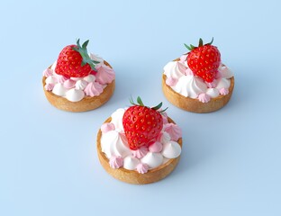 Three tartlets with little meringues in white and pink, ripe strawberry, top view. French dessert concept. Sweet dessert for pastry, isolated on pastel blue background. 3d render illustration.