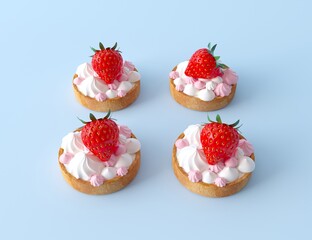 Tartlets with small meringues in white and pink, ripe fresh strawberry, top view. Cute dessert concept. Sweet dessert for pastry, isolated on pastel blue background. 3d render illustration.