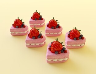 Pink heart-shaped meringues decorated with wild berries and ripe strawberry. Sweet Valentines day dessert isolated on pastel yellow background. Flat lay for text. 3d render illustration.