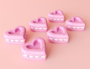 Tasty heart-shaped macaroons on the table, love macaroon with white cream swirl. Flat pastel pink background. Six small pink heart shape cakes in row. 3d render illustration.