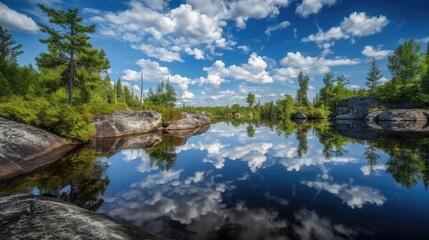 Boundary waters canoe trip. Beautiful river sky cloud reflection. Fir trees pristine wilderness.