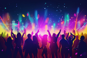 Silhouette of people at concert or music festival with neon lights. AI