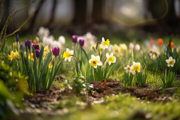 Spring tulips and daffodil flowers have new growth in sunlight