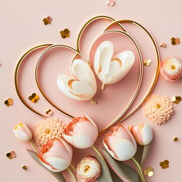 Valentine's Day concept, Top view photo of bunches of fresh tulip flowers, two hearts intertwined in the shape of balloons, in a flower field, and gold and sprinkles rings on isolated pastel pink back
