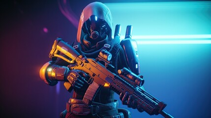 Futuristic game character hero soldier in armor wears night vision helmet holds assault rifle weapon on night light dangerous cyberpunk gameplay cinematic scene. Generative AI