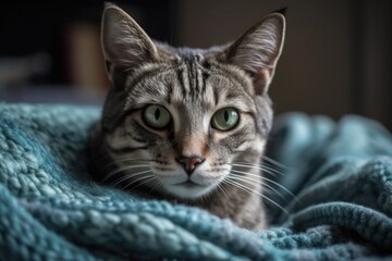 cozy blue blanket with a lovely grey tabby cat on it. Generative AI