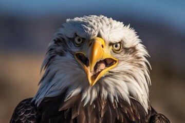 A bald eagle may be seen screeching in this close up (800 mm) photograph in North California. Generative AI