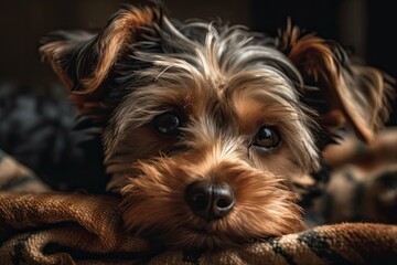 Naklejka premium Gorgeous glamour yorkie curled up on plaid. Yorkshire terrier puppy portrait, adorable. Tiny canine smiles as it naps on a beautiful blanket. Generative AI